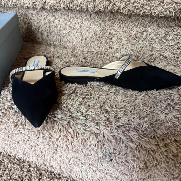 Prada Crystal-embellished V-cut Suede Mules In Black, never worn, size 38 - Picture 5 of 6